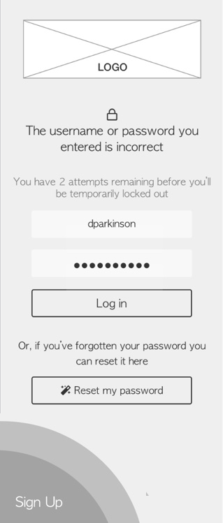 Mockup for incorrect password page