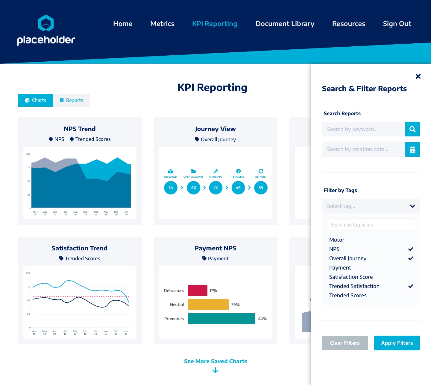 Design for reports page with filters slide-out