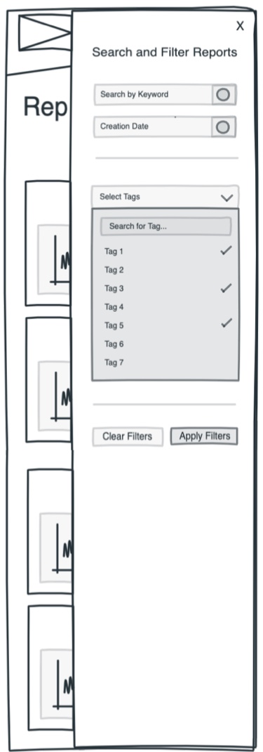 Mobile mockup for reports page with filters slide-out