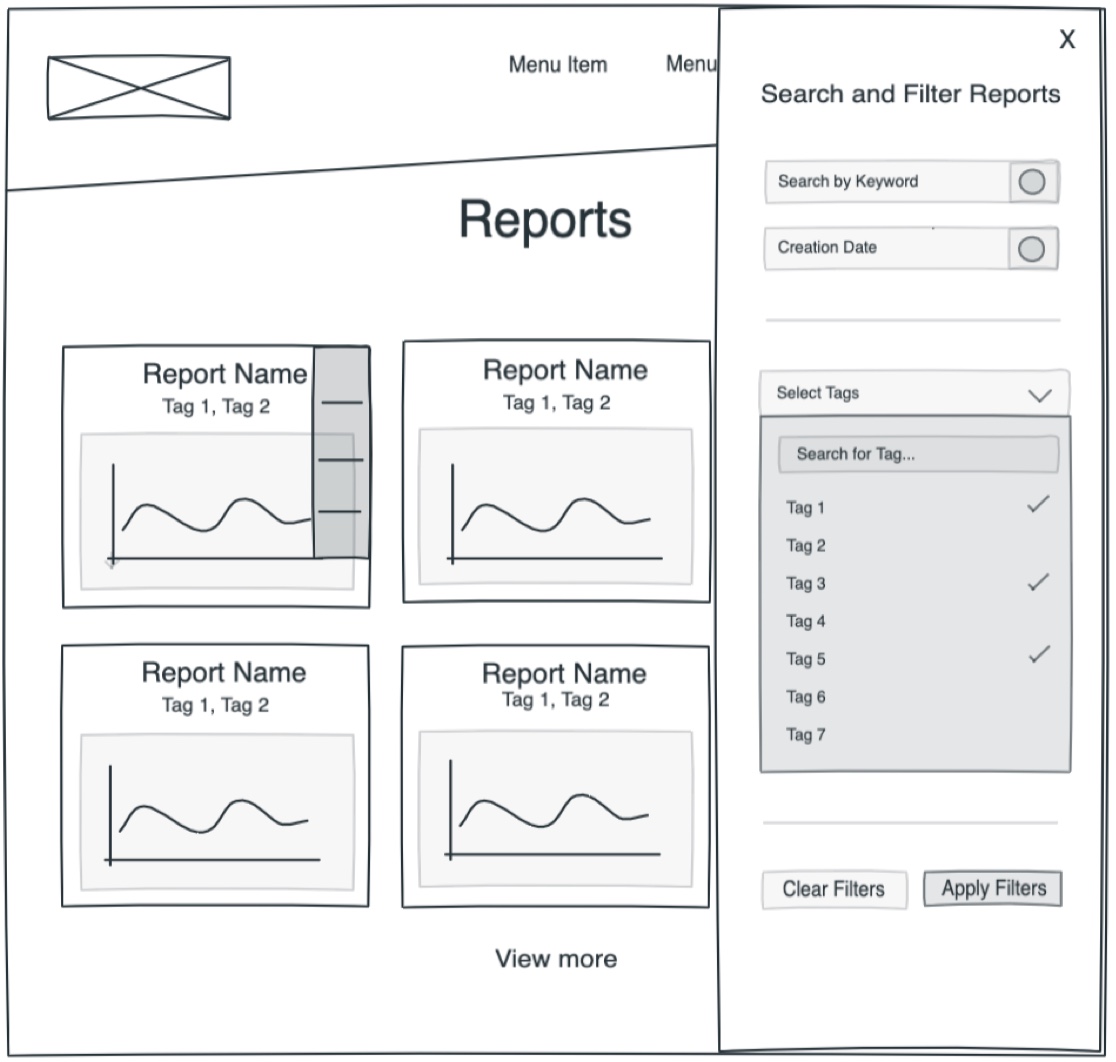 Mockup for reports page with filters slide-out