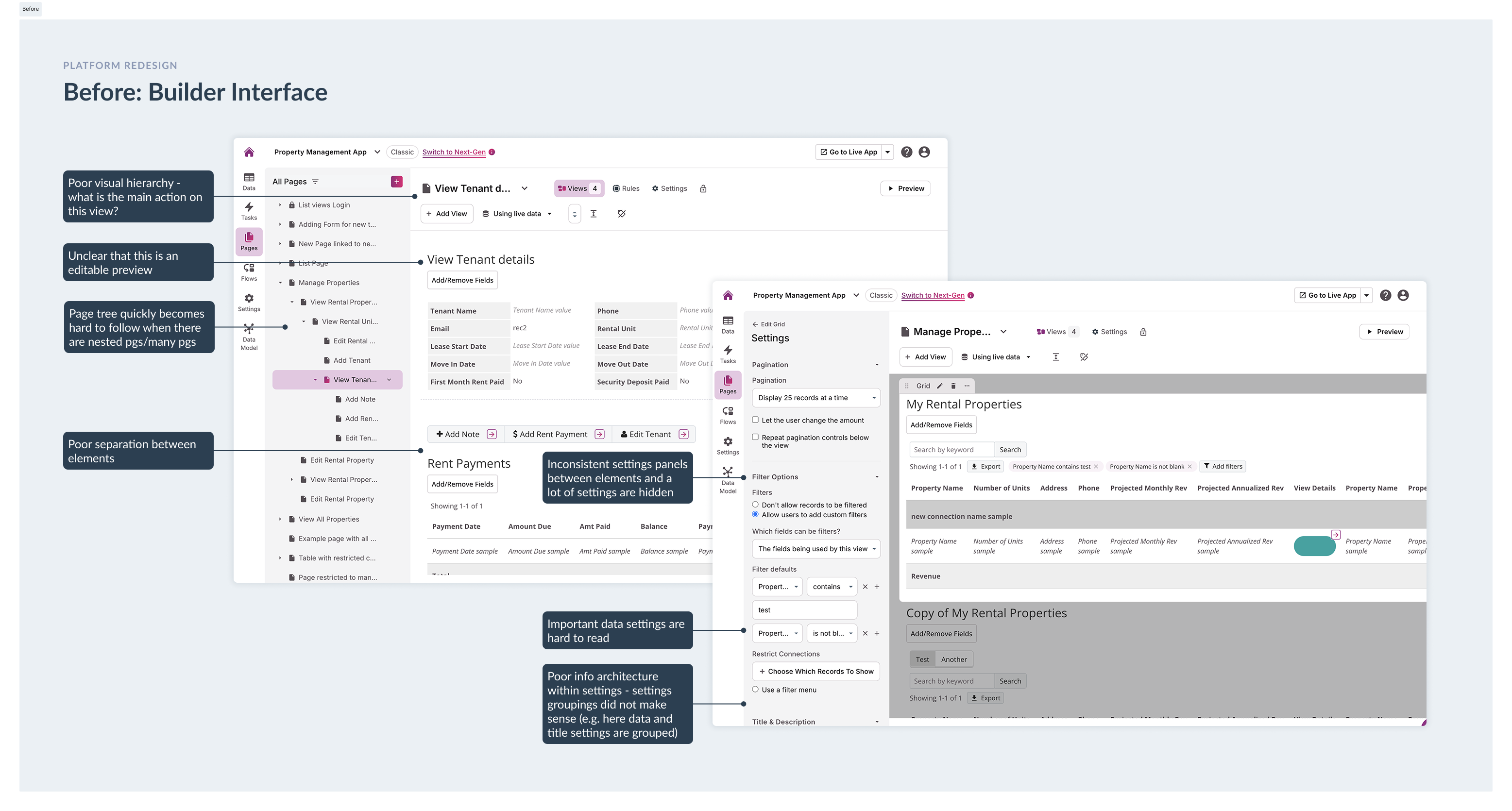 Before redesign Builder interface