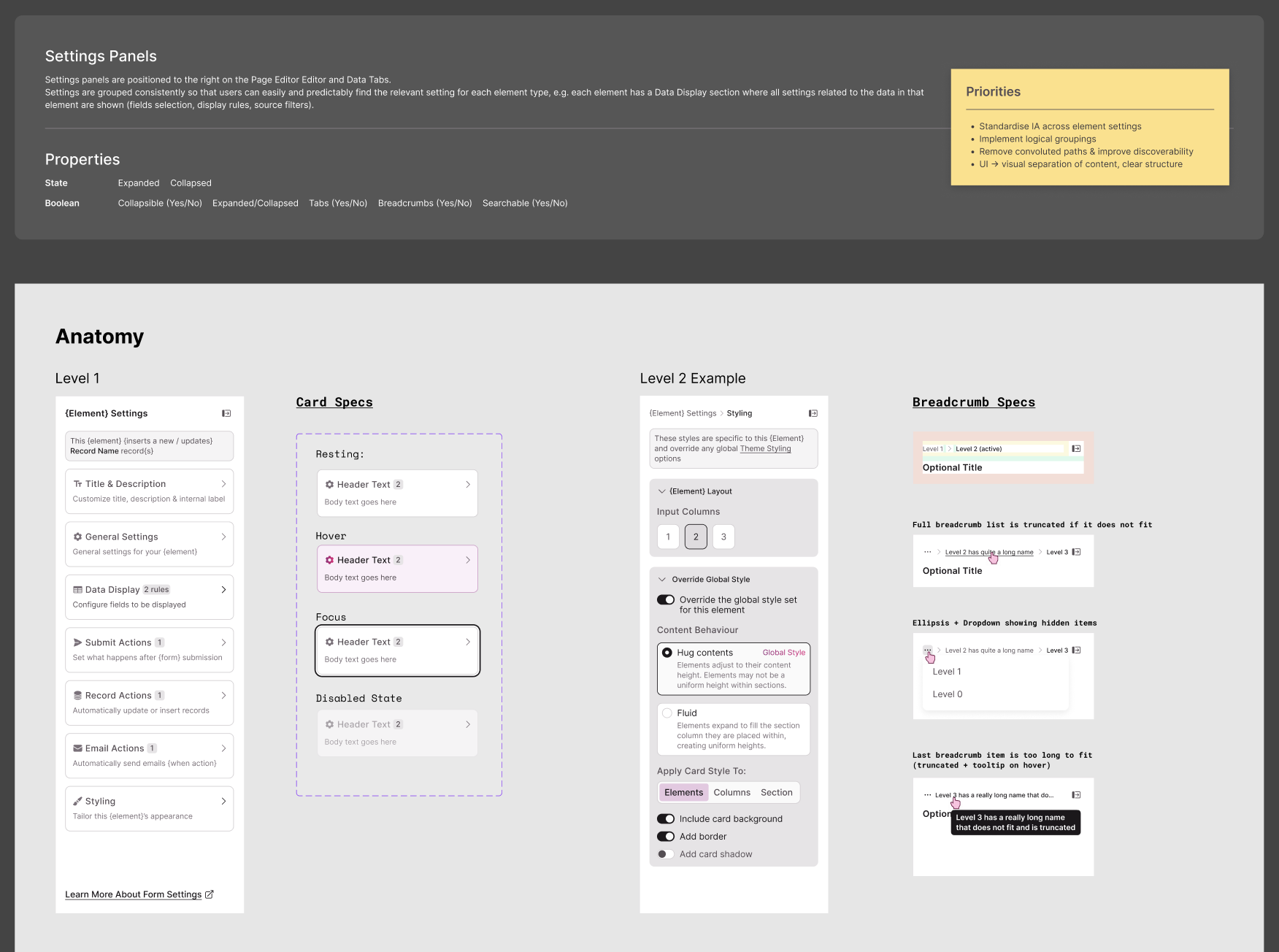 Element settings panels