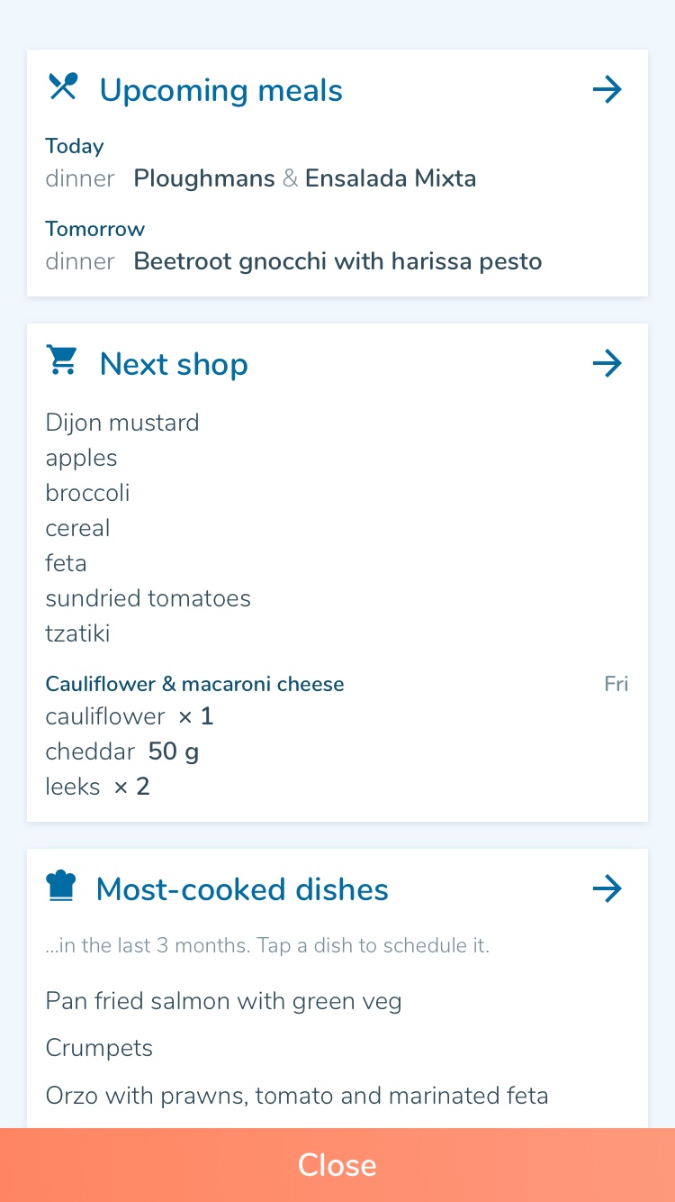 Dashboard view in app