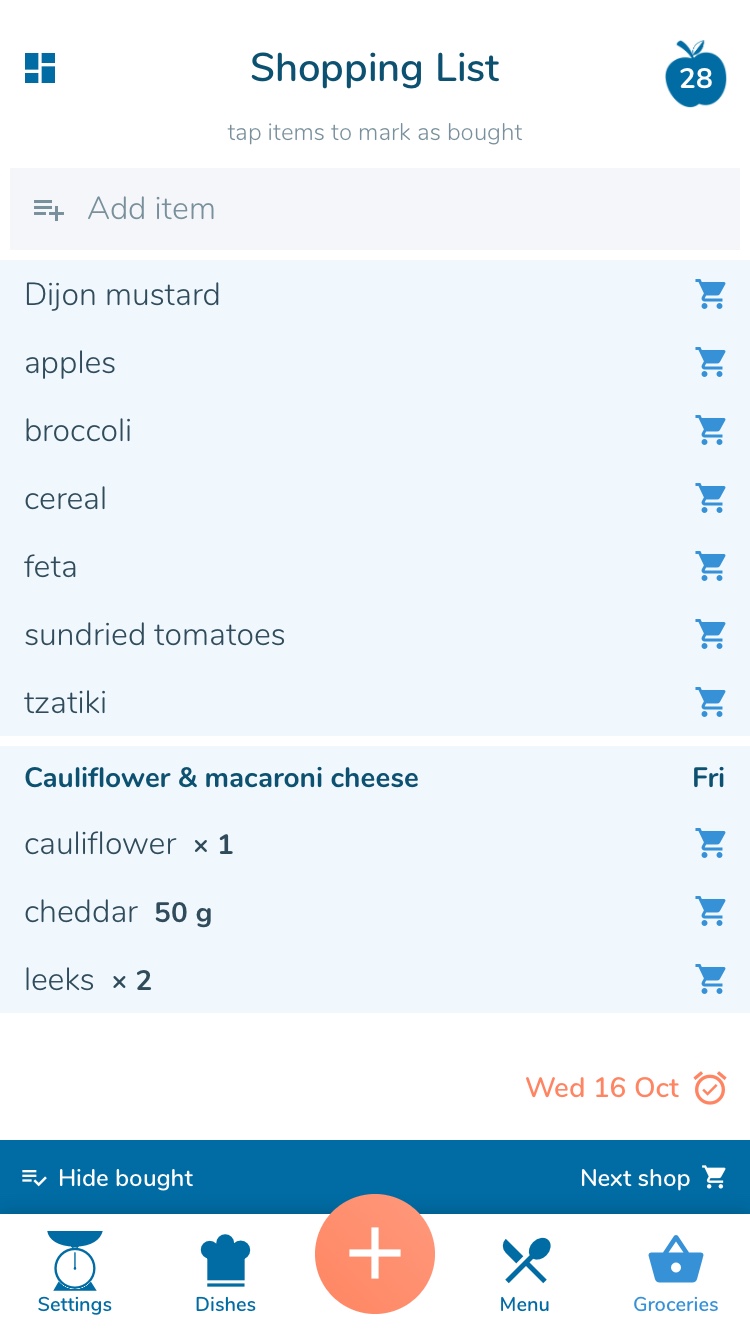 Groceries list view in app