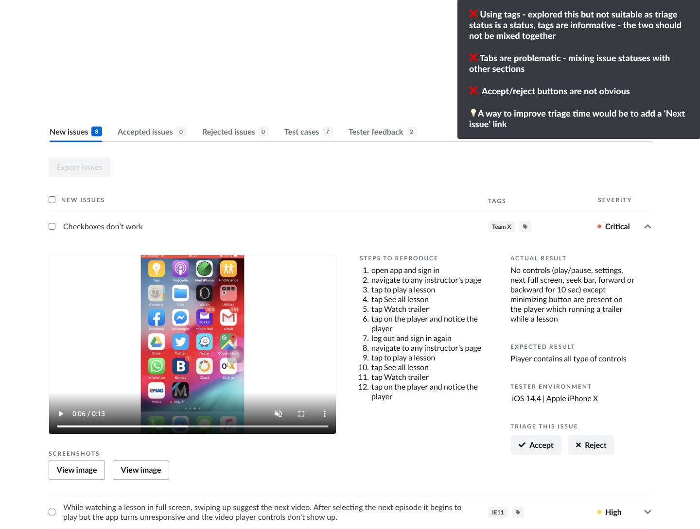 Mockup showing accepted issues in a different tab