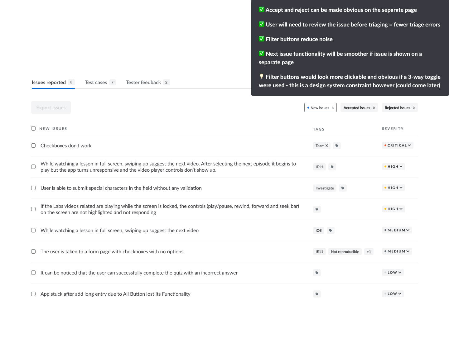 Mockup showing triage process in separate page